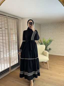 Siyah Yaka Nakışlı Keten Gömlek Elbise