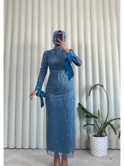 Yenı Sezon Taş İşlemeli Fiyonk Detaylı Tesettür Abiye Elbise
