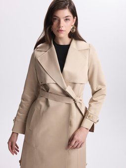 Kruvaze Yaka Düğme Detaylı Bej Trençkot 13532