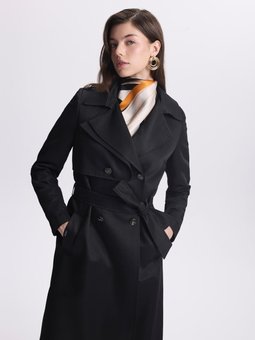 Kruvaze Yaka Düğme Detaylı Siyah Trençkot 13548