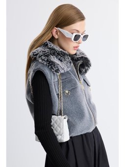 Kürk Yaka Kaşe Kısa Gri Yelek