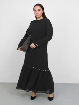 Büyük Beden İnci Detaylı Siyah Elbise