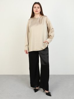 Büyük Beden Taş Detaylı Saten Krem Bluz