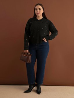 Büyük Beden Taş Detaylı Triko Siyah Hırka