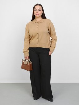 Büyük Beden Taş Detaylı Triko Vizon Hırka