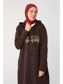 Acı Kahve Büyük Beden Aplike Nakışlı Fermuarlı Hırka