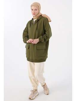 Cepli Kapüşonlu Oversize Sweat Hırka Haki