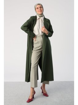 Koyu Yeşil Ceket Yaka Cepli Uzun Hırka