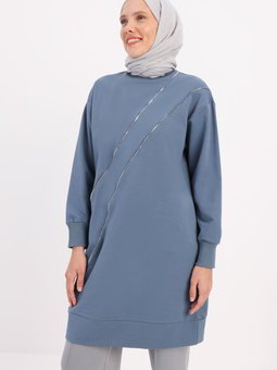 Mavi Yakası Aksesuar Detaylı Rahat Kalıp Sweat Tunik