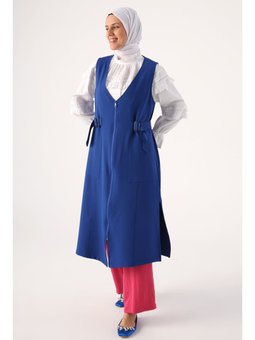 Saks Mavisi Yanları Tokalı Fermuarlı V Yaka Yelek