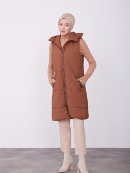 Fermuar Cepli Kapüşonlu Kahverengi Yelek