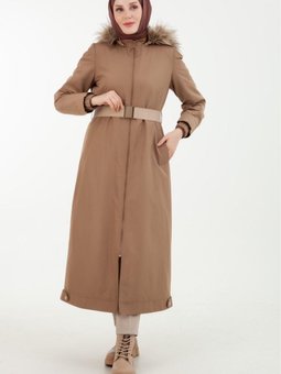 Armine Trend Kilitli Kuşaklı Kap Kürk Şapkalı Vizon Renk 2024 Sonbahar Sezon