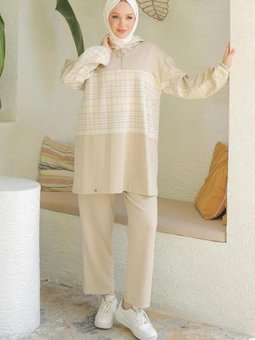 Armine Trend Yarım Fermuarlı Kapüşonlu Pantolonlu İkili Takım Bej