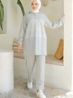 Armine Trend Yarım Fermuarlı Kapüşonlu Pantolonlu İkili Takım Gri