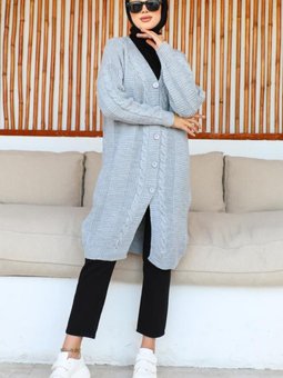 367 Düğmeli Uzun Triko Hırka Gri