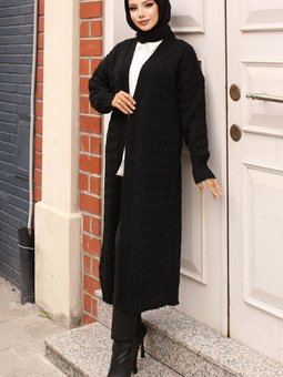 386 Saç Örgü Uzun Triko Hırka Siyah