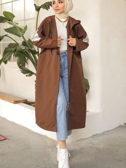 61658 Parlak Kol Detaylı Trençkot Kahverengi
