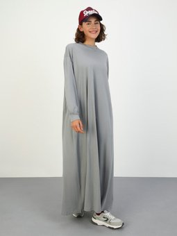 Doğal Kumaşlı Balon Kollu Elbise Gri