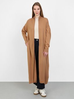 Kuşak Detaylı Boydan Fermuarlı Triko Hırka Camel