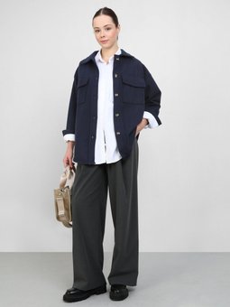Oversize Cep Detaylı Kaşe Lacivert Ceket