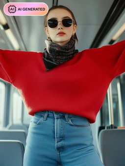 Pamuklu Oversize Örme Tişört Sweatshirt Kırmızı