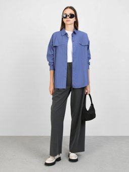 Pamuklu Poplin Cep Detaylı Açık Lacivert Gömlek