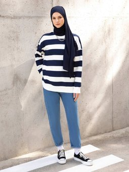 Pamuklu Sweatshirt Lacivert Beyaz Çizgili
