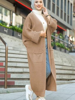 Eftalya Çift Cepli Uzun Triko Hırka 329 Vizon