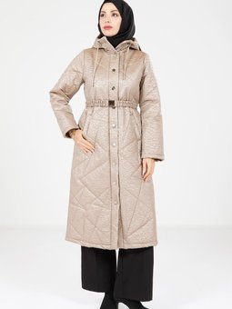 Bej Desenli Kapüşonlu Kap