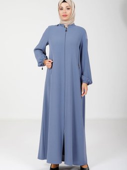 İndigo Fermuarlı Kolu Ve Cepleri Fermuar Detaylı Ferace