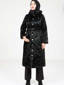 Siyah Desenli Kapüşonlu Kap