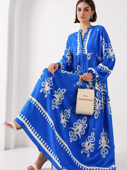 2423 Otantik Desenli Elbise Beyaz Lacivert