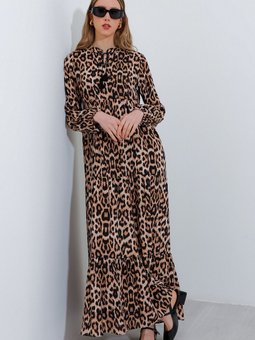 Kahve Krem Yaka Bağcıklı Viskon Boydan Elbise 1627