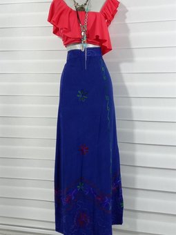 Mavi Hint Nakış Çiçek İşlemeli Anvelop Uzun Etek