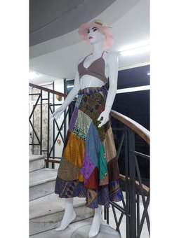 Mavi Hint Patchwork Ters Yüz Kullanılabilen Yazlık Anvelop Uzun Etek