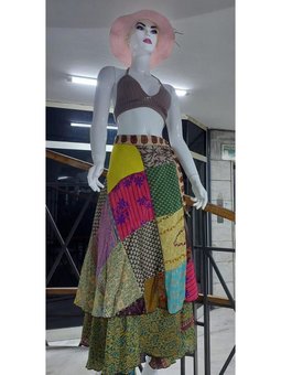 Yeşil Hint Patchwork Ters Yüz Kullanılabilen Yazlık Anvelop Uzun Etek