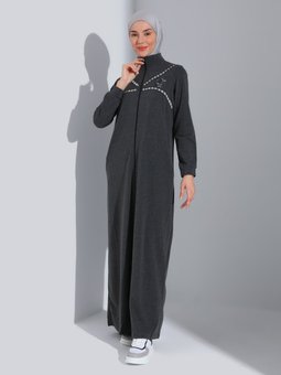 Yakası Nakışlı Antrasit Ferace