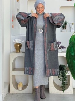 Etnik Desenli Cepli Triko Hırka 12003 Füme