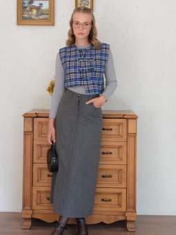 Ekose Çapraz Düğmeli Vintage Mavi Yelek