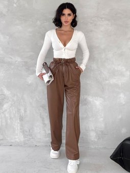Kahverengi Zincir Detay Beli Lastikli Cepli Suni Deri Palazzo Pantolon