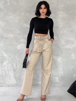 Kremrengi Zincir Detay Beli Lastikli Cepli Suni Deri Palazzo Pantolon