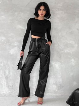 Siyah Zincir Detay Beli Lastikli Cepli Suni Deri Palazzo Pantolon