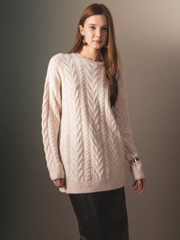 Regular Fit Bisiklet Yaka Saç Örgü Desenli Triko Kazak Tunik B4284ax23wn