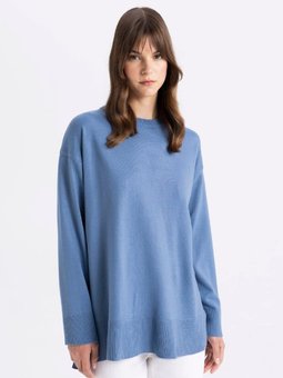 Regular Fit Bisiklet Yaka Yandan Yırtmaçlı Basic Düz Triko Kazak Tunik C5165ax24au