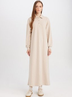 Regular Fit Düğmeli Yaka Basic Düz Uzun Kollu Selanik Kumaş Triko Gömlek Elbise B7260ax24wn