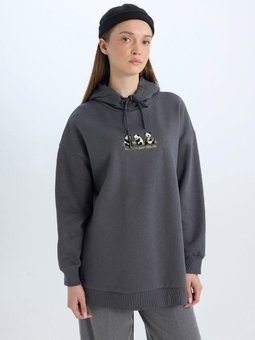 Regular Fit Kapüşonlu Baskılı İçi Yumuşak Tüylü Kalın Sweatshirt Tunik E0317ax24wn