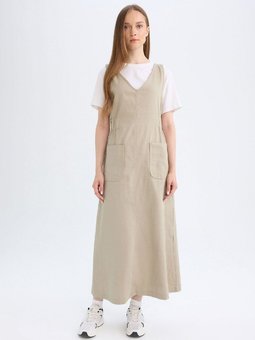 Regular Fit V Yaka Yan Büzgü Detaylı Basic Düz Gabardin Kolsuz Maxi Elbise C9684ax24au