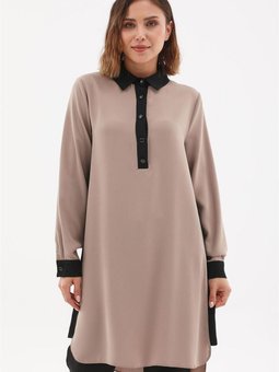 Gömlek Yaka Düğme Kapamalı Bej Tunik