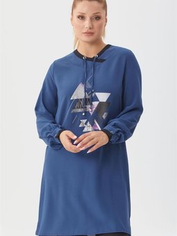 Yakası Ip Bağcıklı Desenli İndigo Tunik