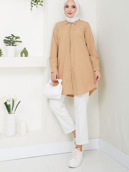 Bej Terikoton Gizli Düğmeli Boyfriend Gömlek